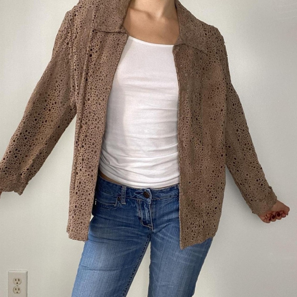 Brown genuine suede taupe laser-cut jacket with unique cutout design